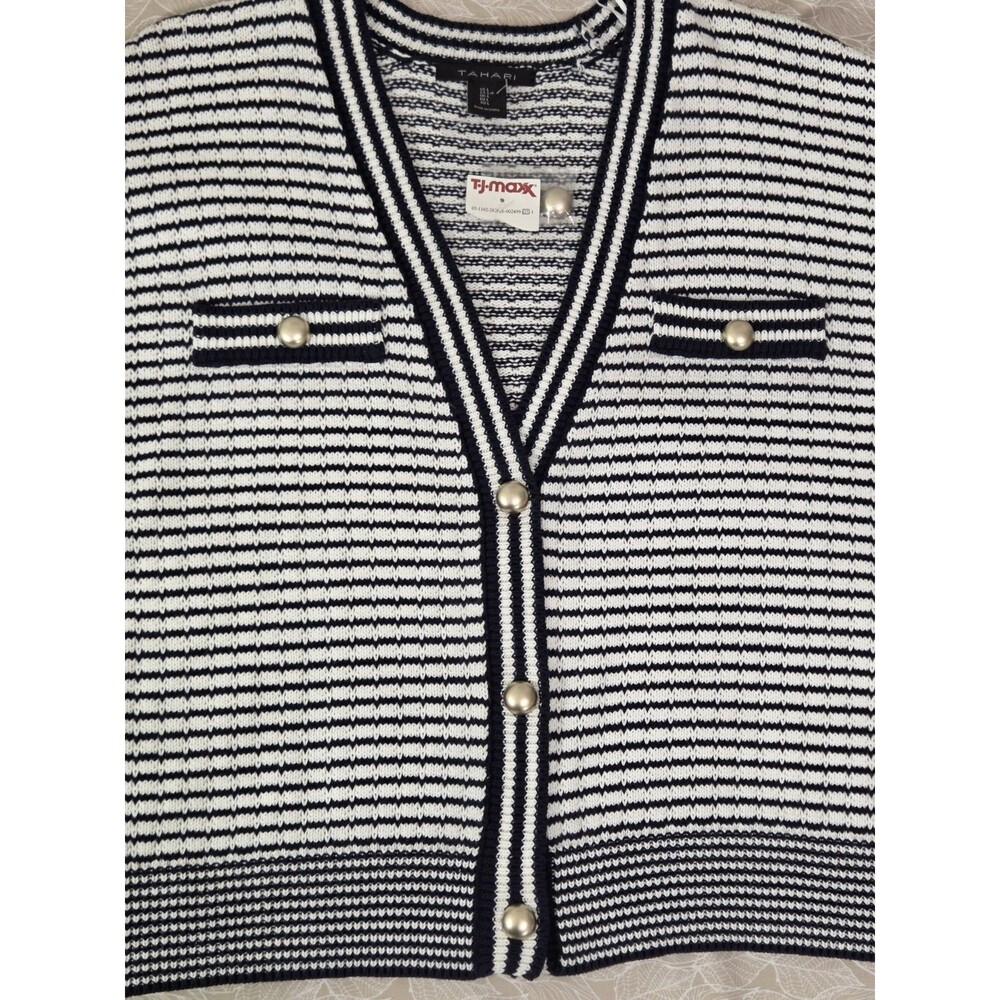 Tahari Navy White stripe button Long sleeve Sweater Large - Picture 2 of 5